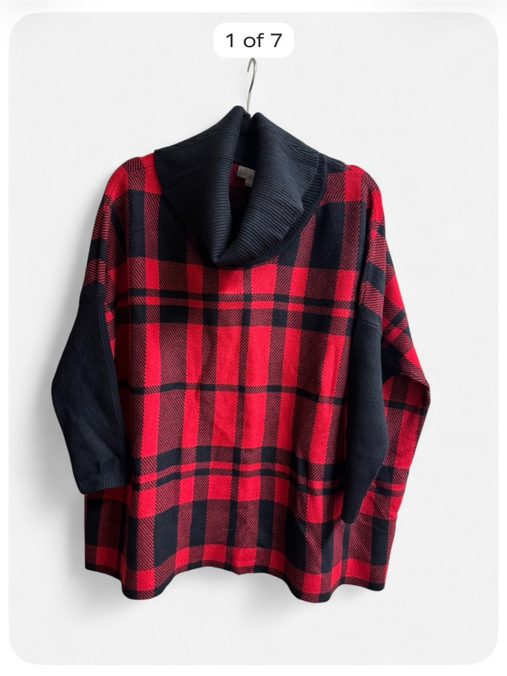 Joseph A Red Black Plaid Oversized Cowl Neck Poncho Sweater Large